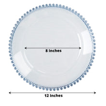 Acrylic charger plates with clear and blue beaded accent rim, measuring 8 inches and 12 inches