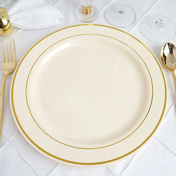 10 Pack Très Chic Gold Rim Ivory Plastic Dinner Plates, Disposable Party Plates 10"