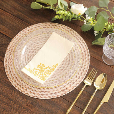 Elegant dining plate set with gold accents and napkin on wooden table.