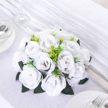 2 Pack White Artificial Flower Ball Bouquets For Centerpieces - 10", 15-Head Silk Rose Kissing Balls