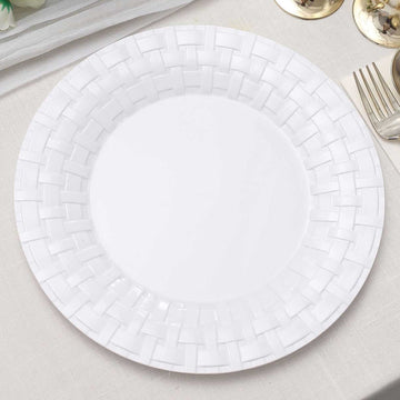 10 Pack White Basketweave Rim Plastic Dinner Plates, Round Disposable Plates 10"