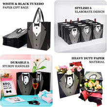 12 Pack White Black Tuxedo Premium Paper Gift Tote Bags With Satin Handles, Wedding Party Favor