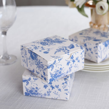 25 Pack White Blue Chinoiserie Floral Print Paper Gift Boxes, Cardstock Party Shower Candy Favor Boxes - 4"x4"x2"