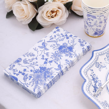 20 Pack White Blue Chinoiserie Floral Print Paper Napkins, Soft 2-Ply Highly Absorbent Disposable Dinner Napkins