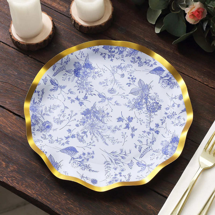 25 Pack | 10inch White / Blue Chinoiserie Paper Dinner Plates With Gold Wavy Rim, Disposable Floral