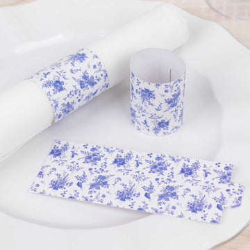 50 Pack White Blue Paper Napkin Rings with Chinoiserie Floral Print, Disposable Napkin Holders Bands - 1.5"
