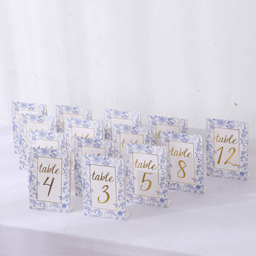 25 Pack White Blue Double Sided Paper Wedding Table Numbers with Chinoiserie Floral and Gold Foil Numbers Print, 7" Free Standing Table Sign Cards 1-25