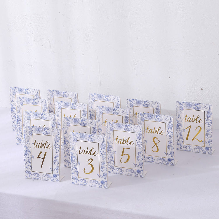 25 Pack White Blue Double Sided Paper Wedding Table Numbers with Chinoiserie Floral