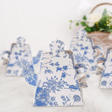 25 Pack White Blue Mini Teapot Gift Boxes with Chinoiserie Floral Print, Tea Time Party Favor Boxes - 5"x4"