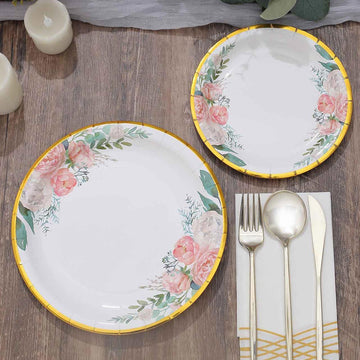 25 Pack White Elegant Floral Design Gold Rim Paper Dessert Plates, Disposable Salad Appetizer Plates 7"