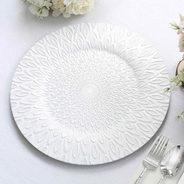 6 Pack White Embossed Peacock Design Plastic Serving Plates, Round Disposable Charger Plates 13"