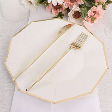 25 Pack White Geometric Dinner Paper Plates, Disposable Plates Decagon Shaped With Gold Foil Rim 9"