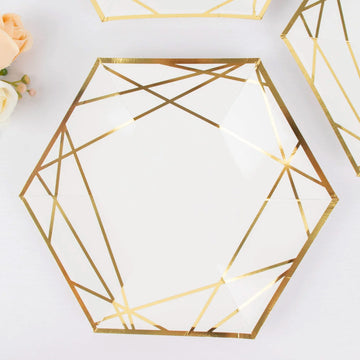 25 Pack White / Gold Hexagon Dinner Paper Plates, Geometric Disposable Party Plates 300 GSM 9"