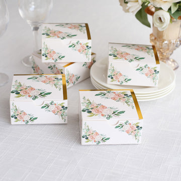 Elegant White Pink Peony Flowers Print Paper Gift Boxes with Gold Edge