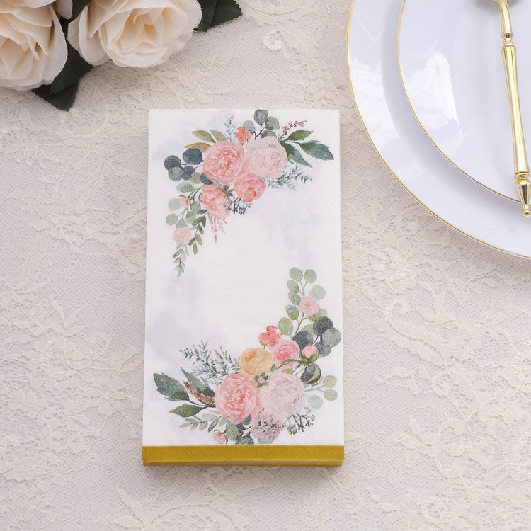 20 Pack White Pink Peony Flowers Print Paper Dinner Napkins with Gold Edge
