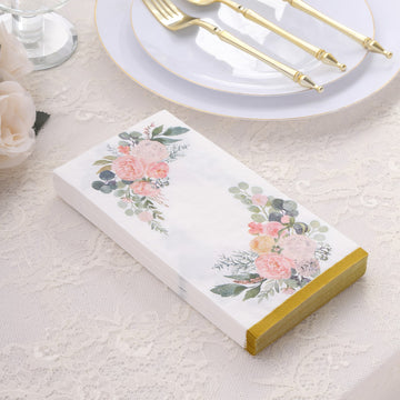 Elegant White Pink Peony Flowers Print Paper Dinner Napkins with Gold Edge
