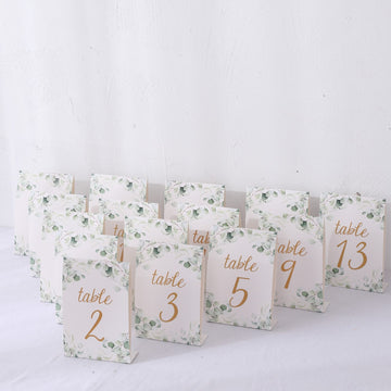 25 Pack White Green Double Sided Paper Wedding Table Numbers with Eucalyptus Leaves and Gold Foil Numbers Print, 7" Free Standing Table Sign Cards 1-25