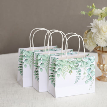 12 Pack White Green Eucalyptus Leaves Paper Gift Bags With Handles, Party Favor Goodie Bags - 6"x7"