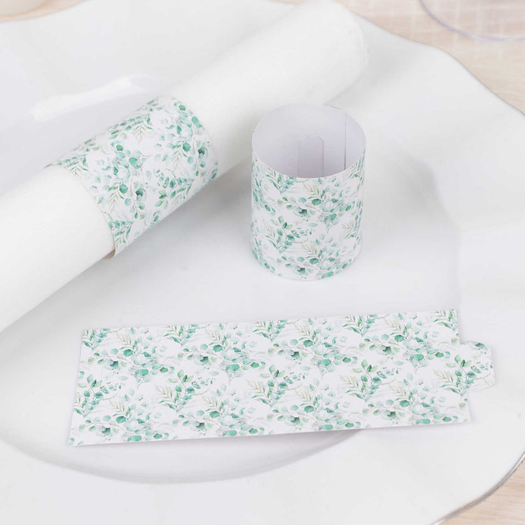 50 Pack White Green Paper Napkin Rings with Eucalyptus Leaves Print