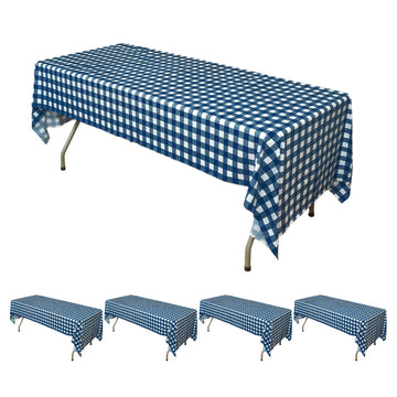 5 Pack White Navy Blue Buffalo Plaid Rectangle Plastic Tablecloths, Waterproof Checkered Disposable Table Covers - 54"x108"