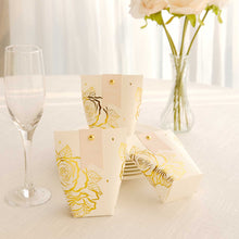 25 Pack White Paper Pouch Party Favor Boxes With Gold Rose Flower Print, Candy Gift Bags with Pin