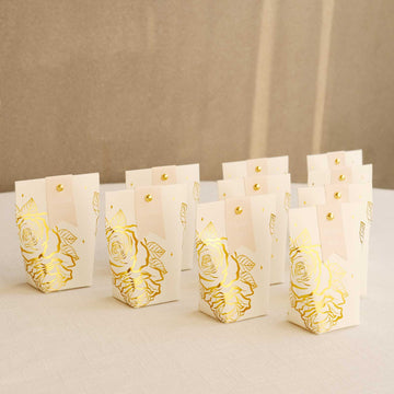 25 Pack White Paper Pouch Party Favor Boxes With Gold Rose Flower Print, Candy Gift Bags with Pin and Tags - 4.5"x4"