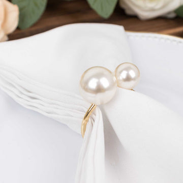 10 Pack White Pearl Gold Metal Napkin Rings Dining Table Decor, Elegant Round Wedding Napkin Holders - 2.5"