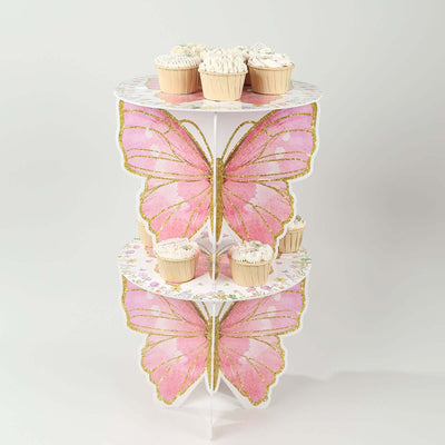 Butterfly-themed cupcake stand with decorative layers and cupcakes on top.