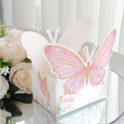 Butterfly-themed gift box with floral design and glitter accents.