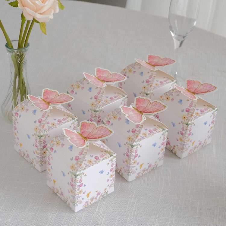 25 Pack White Pink Glitter Butterfly Top Party Favor Boxes, Spring Floral Candy Gift Boxes