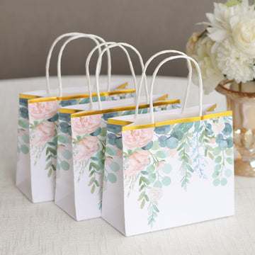 12 Pack White Pink Peony Flower Paper Gift Bags With Handles, Party Favor Goodie Bags With Gold Edge - 6"x7"