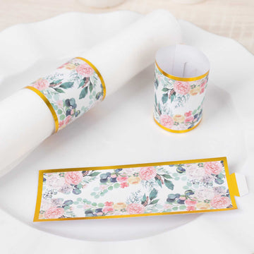 50 Pack Pink Peony Floral Paper Napkin Rings with Gold Edge, Disposable Napkin Holders Bands - 1.5"