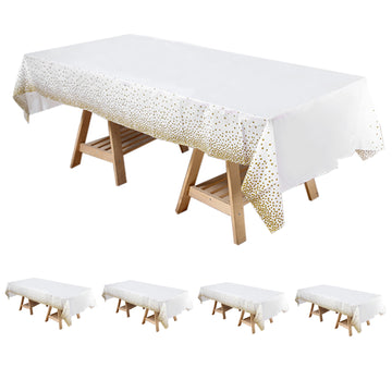 5 Pack White Rectangle Plastic Tablecloths with Gold Confetti Dots, Waterproof Disposable Table Covers - 54"x108"