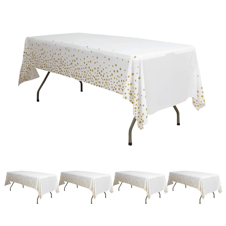 Rectangle Disposable 54 Inch x 108 Inch White and Gold Star Sprinkled Plastic Waterproof Tablecloth