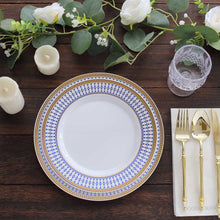 10 Pack White Renaissance Plastic Dinner Plates With Gold Navy Blue Chord Rim