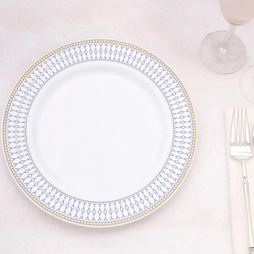10 Pack White Renaissance Plastic Dinner Plates With Gold Navy Blue Chord Rim, Disposable Party Plates 10"