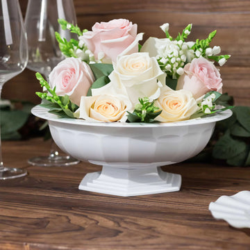 3 Pack White Roman Style Footed Compote Bowl Flower Vase, Round Decorative Plastic Planter Pedestal Vase Centerpiece - 10"