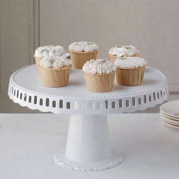 4 Pack White Round Pedestal Footed Reusable Plastic Cupcake Stands With Interchangeable Ribbon Trim Edge 13"