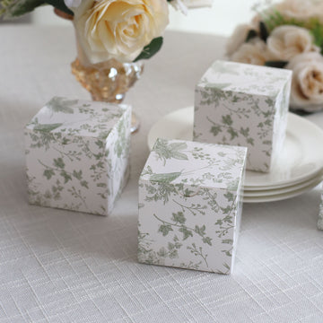 25 Pack White Sage Green Floral Print Paper Cube Gift Boxes With Lids, Cardstock Party Shower Candy Favor Boxes 3"x3"x3"