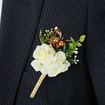 2 Pack White Silk Rose Boutonniere With Pin, Real Touch Artificial Flower Pocket Square - 5"