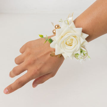 2 Pack White Silk Rose Wrist Corsage With Pearls, 4" Flower Bracelet Wedding Accessories
