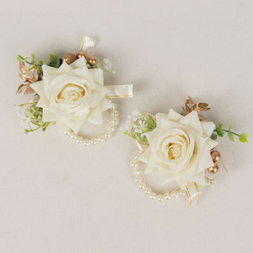 Elegant White Silk Rose Wrist Corsage with Pearls