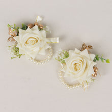 2 Pack White Silk Rose Wrist Corsage With Pearls, 4inch Flower Bracelet Wedding Accessories