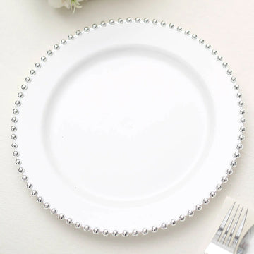 White / Silver Beaded Rim Plastic Dinner Plates