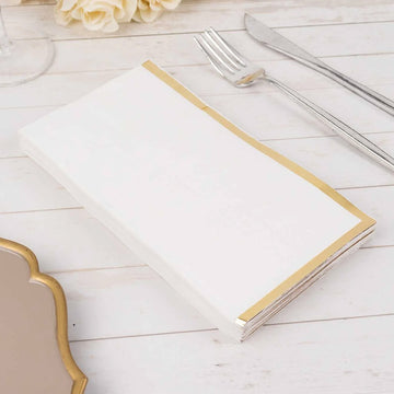 50 Pack White Soft 2 Ply Dinner Paper Napkins with Gold Foil Edge, Disposable Party Napkins