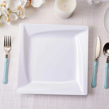 10 Pack White Square Geometric Ridge Trim Plastic Dinner Plates, Disposable Dinnerware 10"