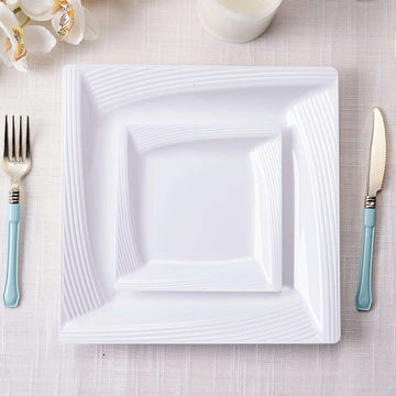 10 Pack White Square Geometric Ridge Trim Plastic Salad Plates, Disposable Appetizer Plates 6"