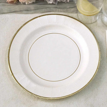 25 Pack White Sunray Gold Rimmed Serving Dinner Paper Plates, Disposable Party Plates 350 GSM 10"