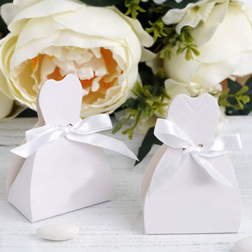 100 Pack White Wedding Dress Party Favor Boxes, Candy Gift Boxes with Ribbon Ties - 2.5"x3.5"