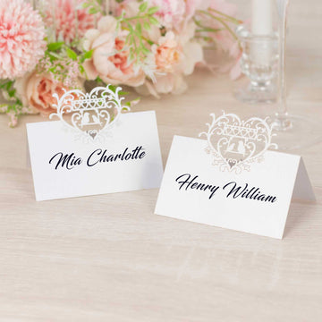 50 Pack White Wedding Table Name Place Cards with Laser Cut Hollow Heart Design Top, Printable Reservation Seating Tent Cards - 210 GSM